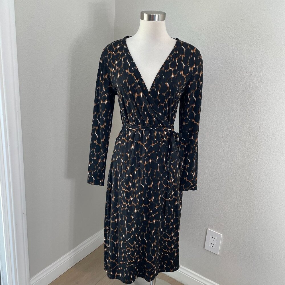Boden Womens 12 Long Black Brown Midi Wrap Dress Long Sleeve Stretch V Neck